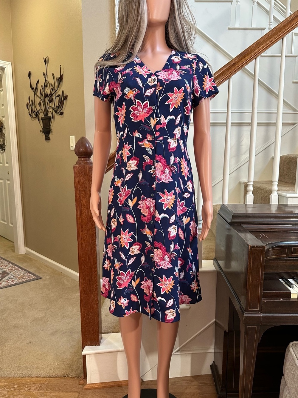 LOFT Navy & Pink floral tropical button front Dress
